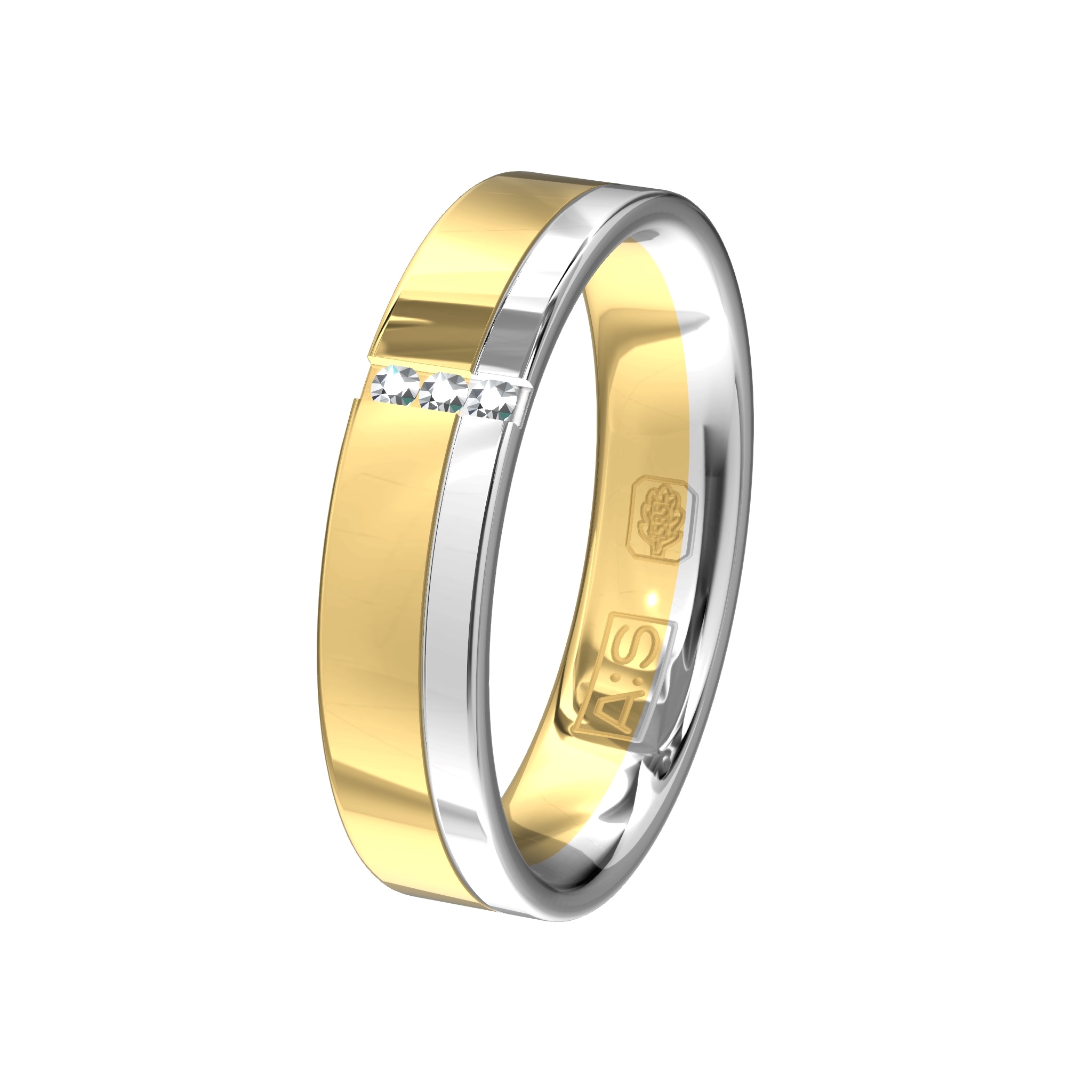 Deze bicolor ring bestaat uit glanzend geel- en witgoud waarin onze diamantzetters met een verticale zetting drie briljanten hebben geplaatst