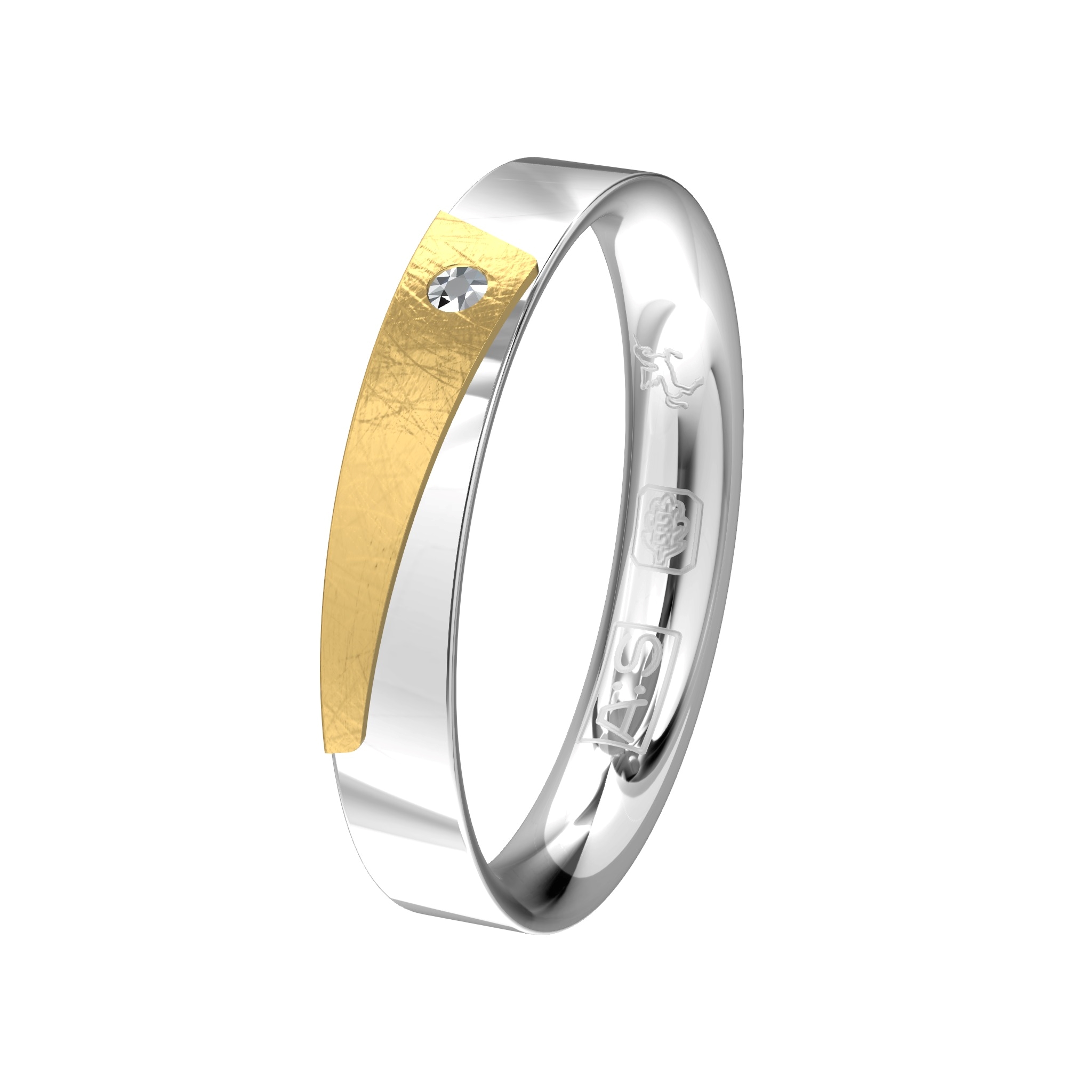 Wil je iets bijzonders? Dan is deze ring echt iets voor jou! De Argentium ring is strak en glanzend. Er bovenop prijkt een prachtig stukje ijsgematteerd geelgoud waarin je heel subtiel een schitterende briljant vindt.