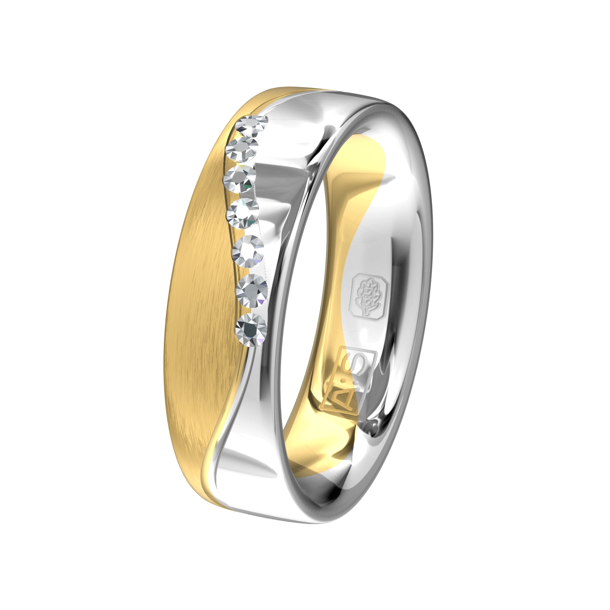 Een mooie combinatie van glanzend witgoud en gematteerd geelgoud met hierin een unieke zetting waarin door onze diamantzetters zeven briljanten zijn gezet.