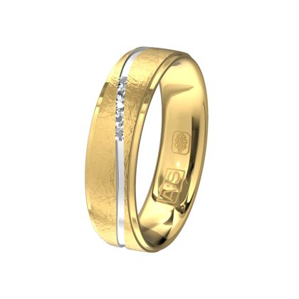 Een ring met een ijsmatte look waarin een glanzende gerhodineerde baan is gemaakt. Hierin zijn door onze diamantzetters vijf briljanten geplaatst.