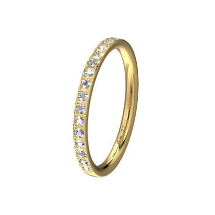 Deze elegante geelgouden aanschuifring is halfvolgezet met briljanten en vormt een perfecte combinatie met bijvoorbeeld een witgoudpalladium memoirering.