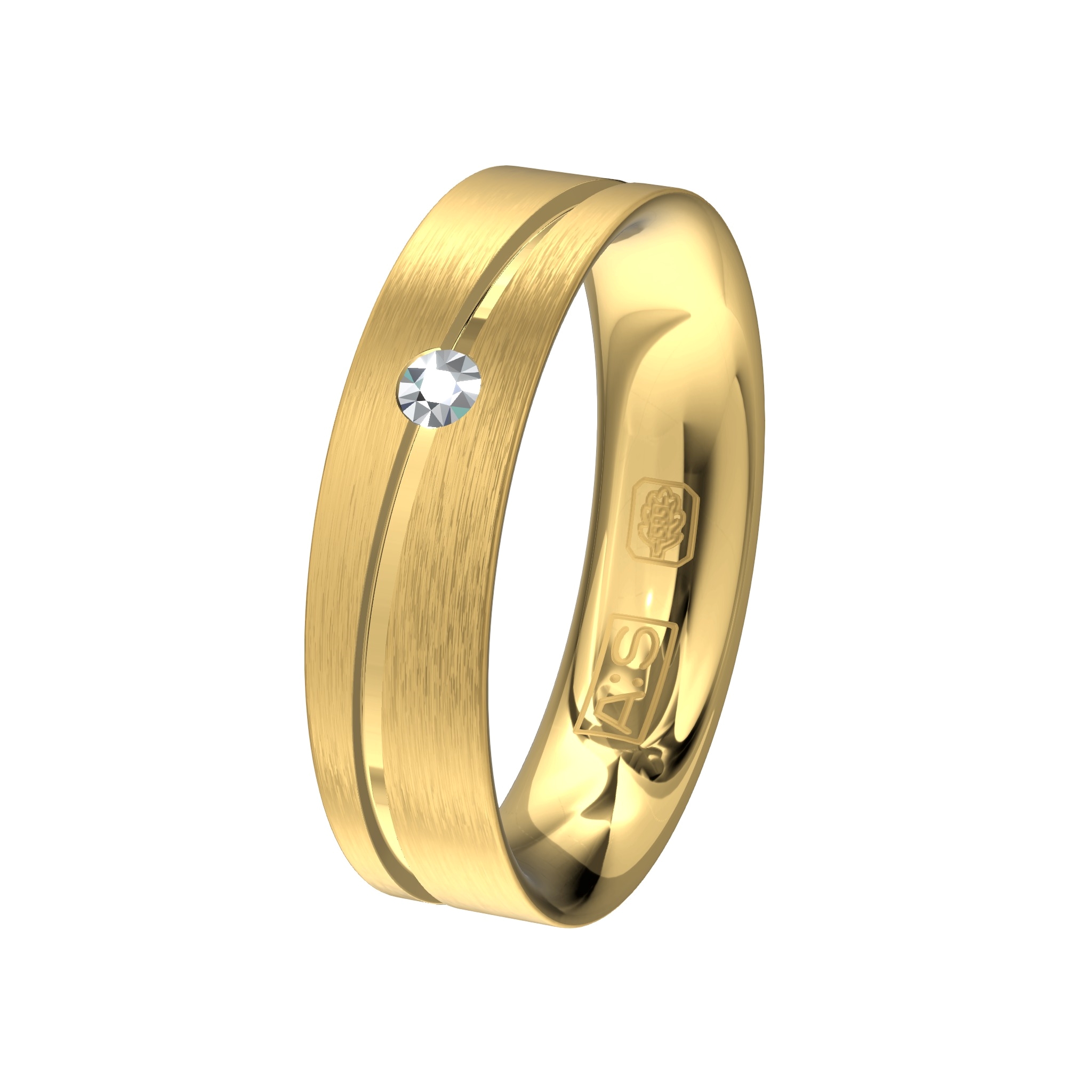 Een strakke ring met een mooie diagonale verlaagde baan waarin onze goudsmeden in het midden een briljant geplaatst hebben.