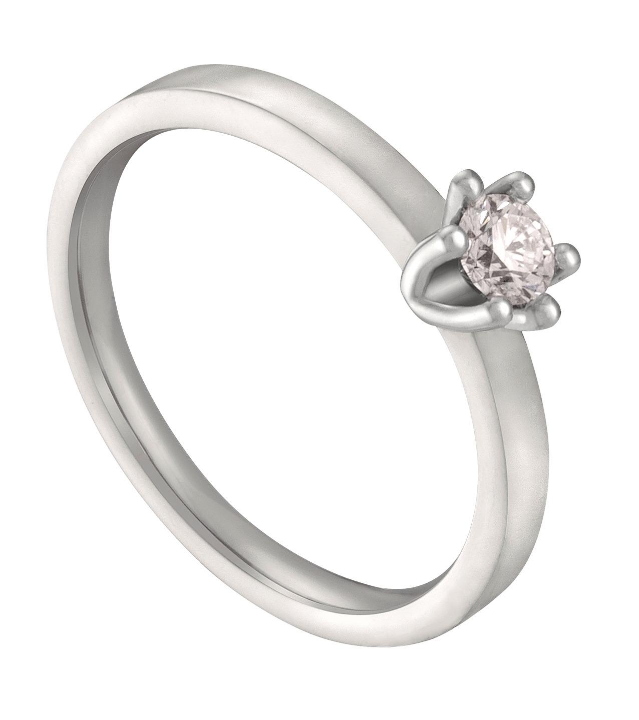 Een witgoud palladium solitaire ring door onze goudsmeden voorzien van een zespoots zetting. Deze is door onze diamantzetters voorzien van een 0,15 ct briljant