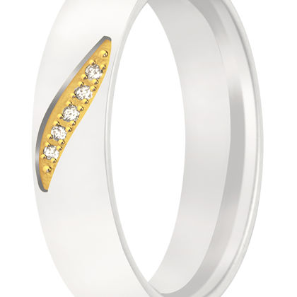 Een pracht set! Koele tinten witgoud in combinatie met een warme tint geelgoud. De damesring wordt voorzien van vijf briljanten.