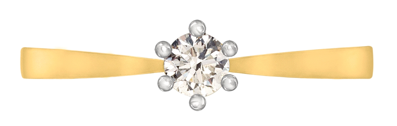 De klassieker onder de Solitaire ringen! Prachtig uitgevoerde geel- en witgouden combinatie en voorzien van een briljant van 0,20 ct.