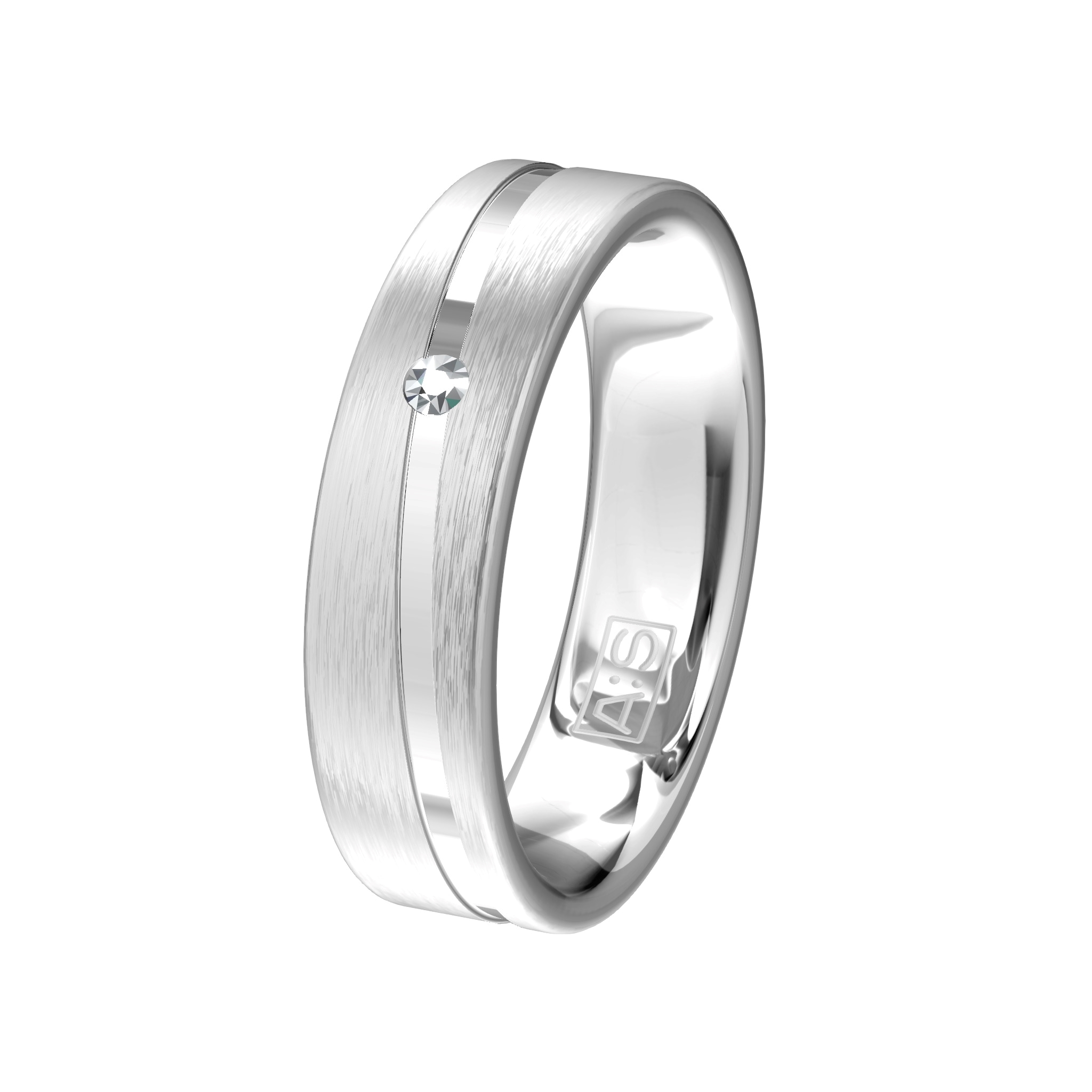 Een verlaagde diagonale lijn geeft deze ring een prachtige uitstraling! Onze diamantzetters hebben in deze lijn op elegante wijze een briljant geplaatst.