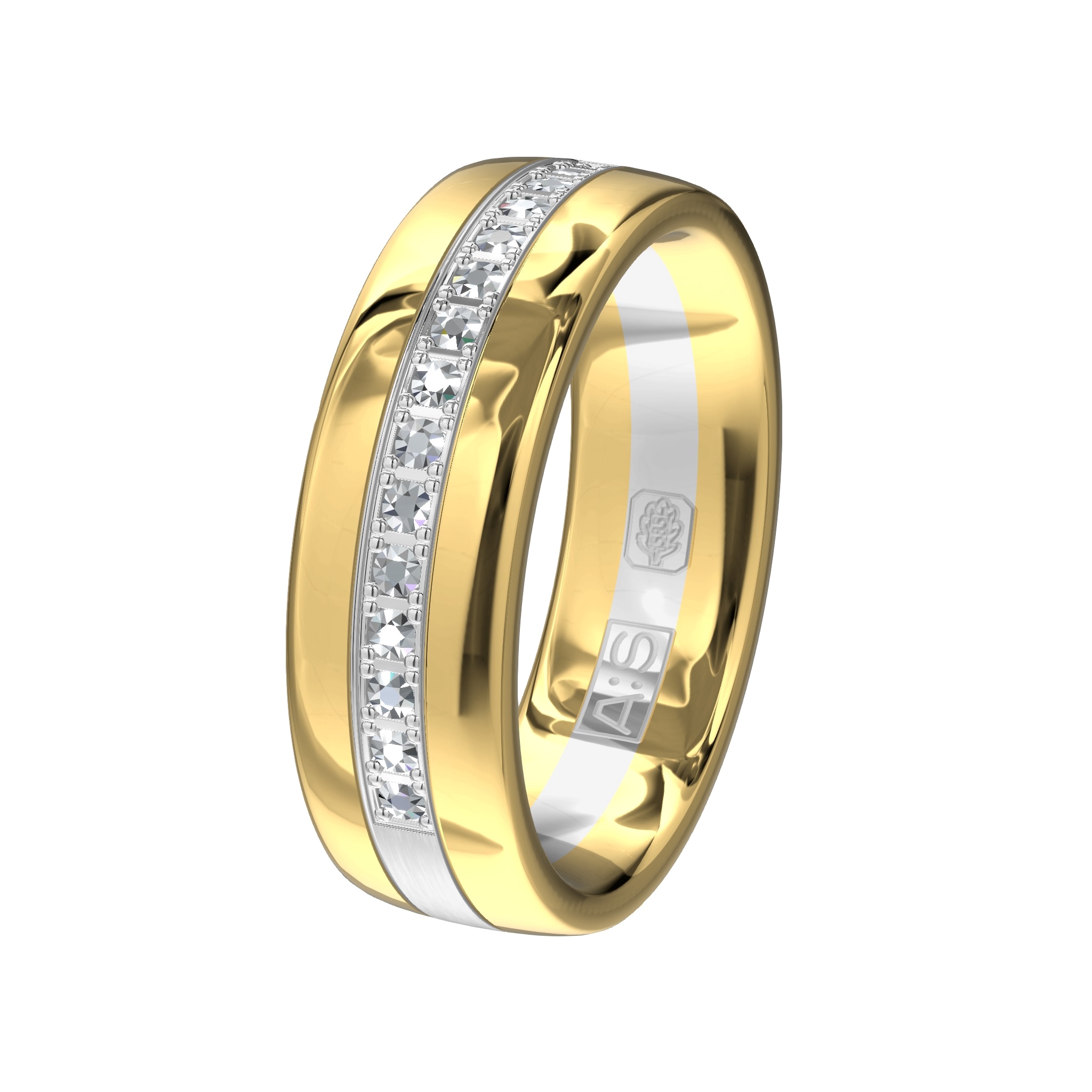 De damesring van deze klassieke, tweekleurige set met ronde binnenkant is carre gezet met vijftien schitterende briljanten. Erg stijlvol!