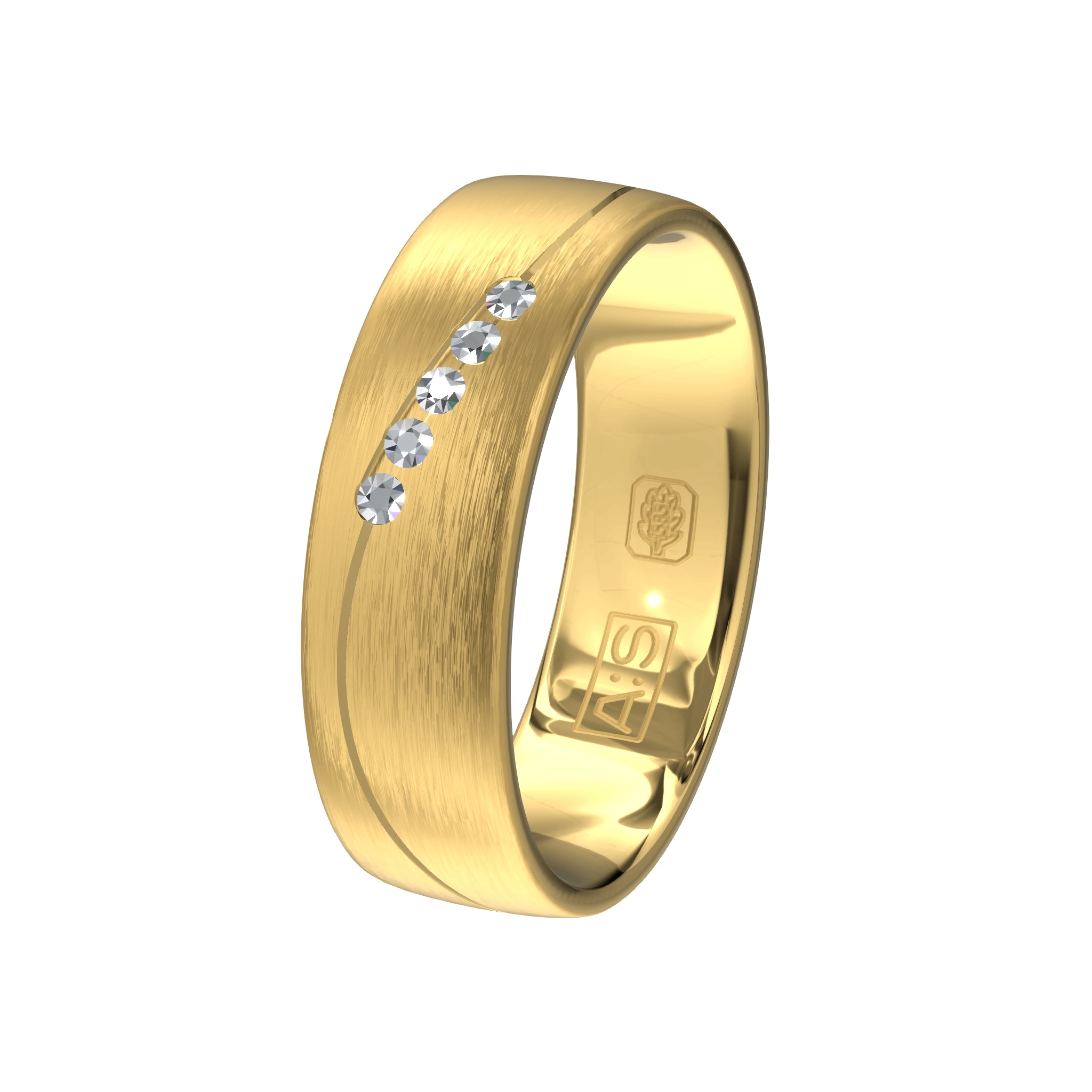 Deze geelgouden ring heeft een prachtige golf waarin door onze diamantzetters vijf briljanten zijn geplaatst.