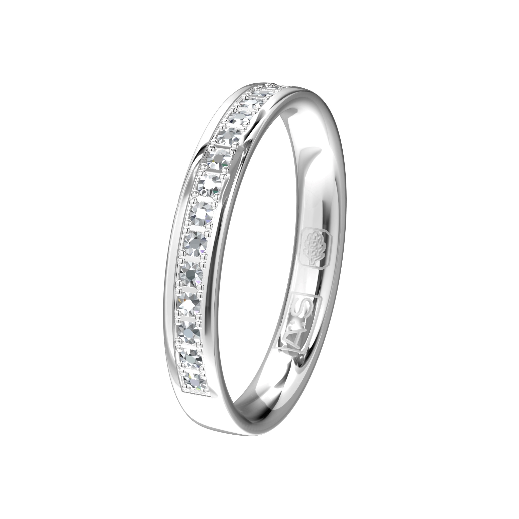 Aller Spanninga heeft hier gekozen voor een eenvoudige, maar prachtig glanzende witgouden ring.