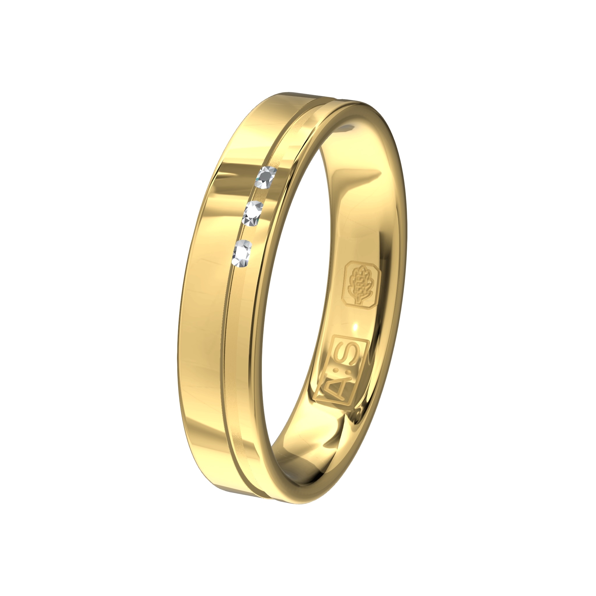 Een lust voor het oog deze geelgouden trouwring met 3 briljanten in de verdiepte groef