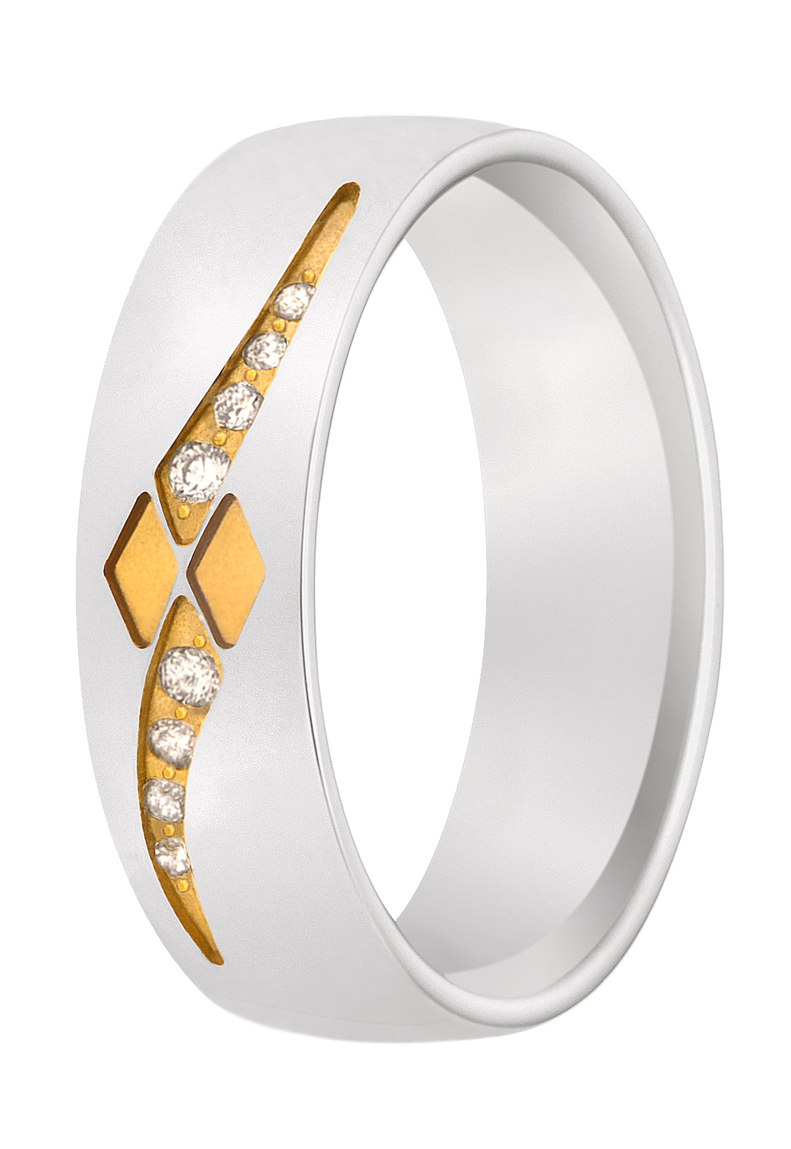 Een waar kunstwerk van glanzend witgoud met gematteerd geelgoud. De damesring is elegant voorzien van acht briljanten.