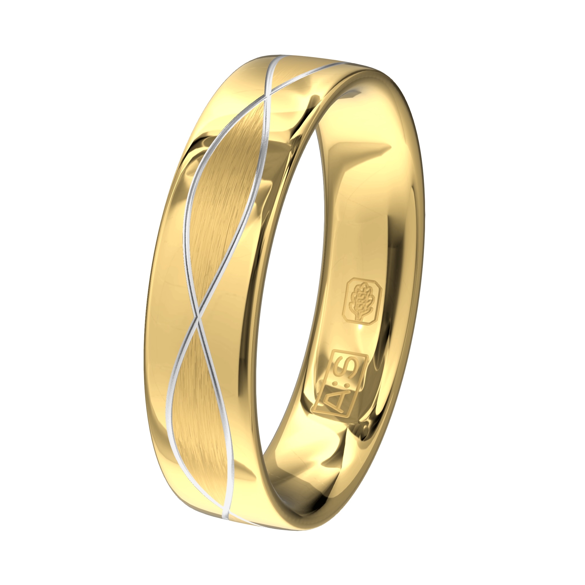 Wil je geen saaie ring? Het kunstige lijnenspel op deze geelgouden ring is door onze goudsmeden voorzien van een prachtige rhodium look.