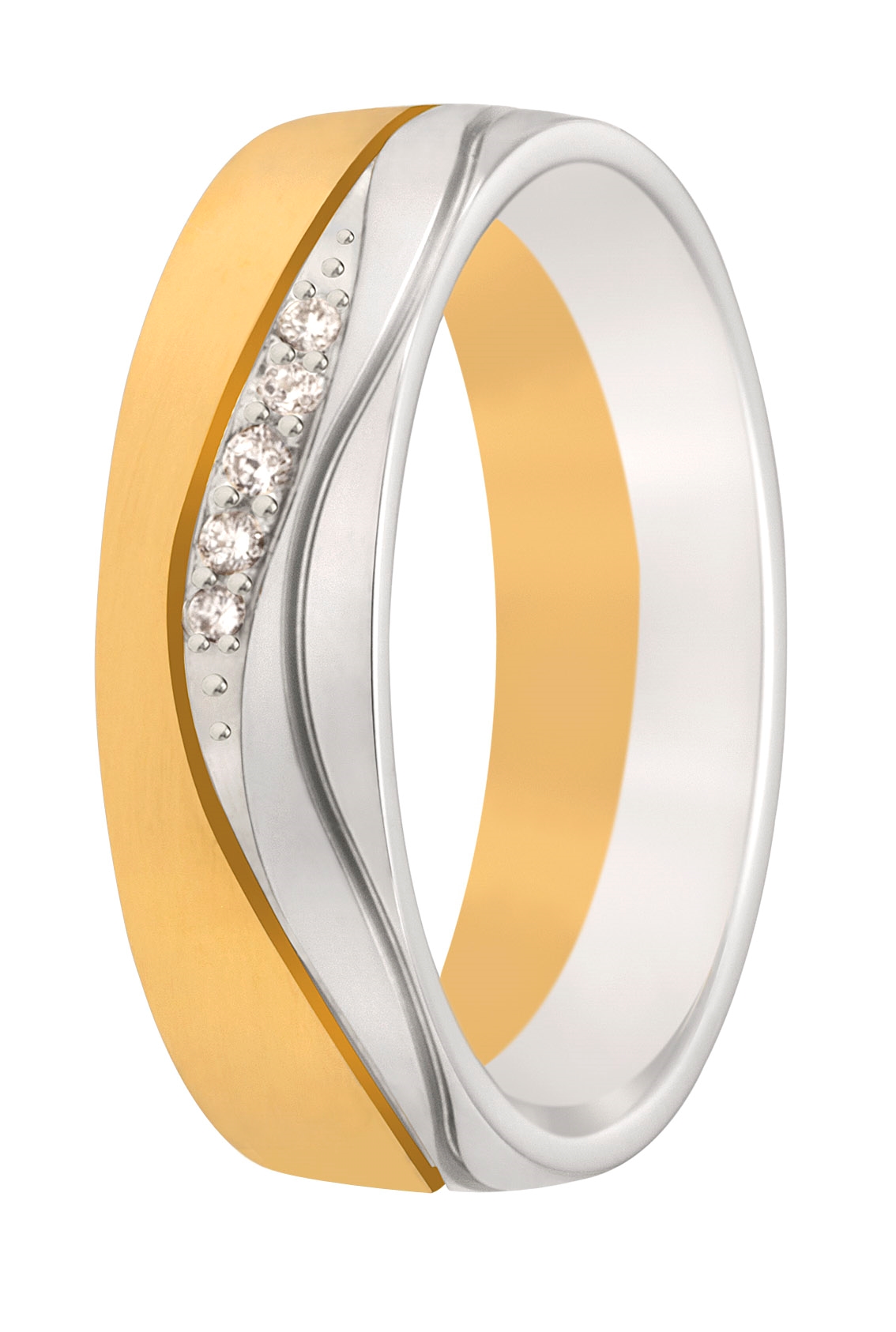 Alsof golven van witgoud en geelgoud deze ring overspoelen. In deze ring zijn door onze diamantzetters op smaakvolle wijze vijf elegante briljanten geplaatst