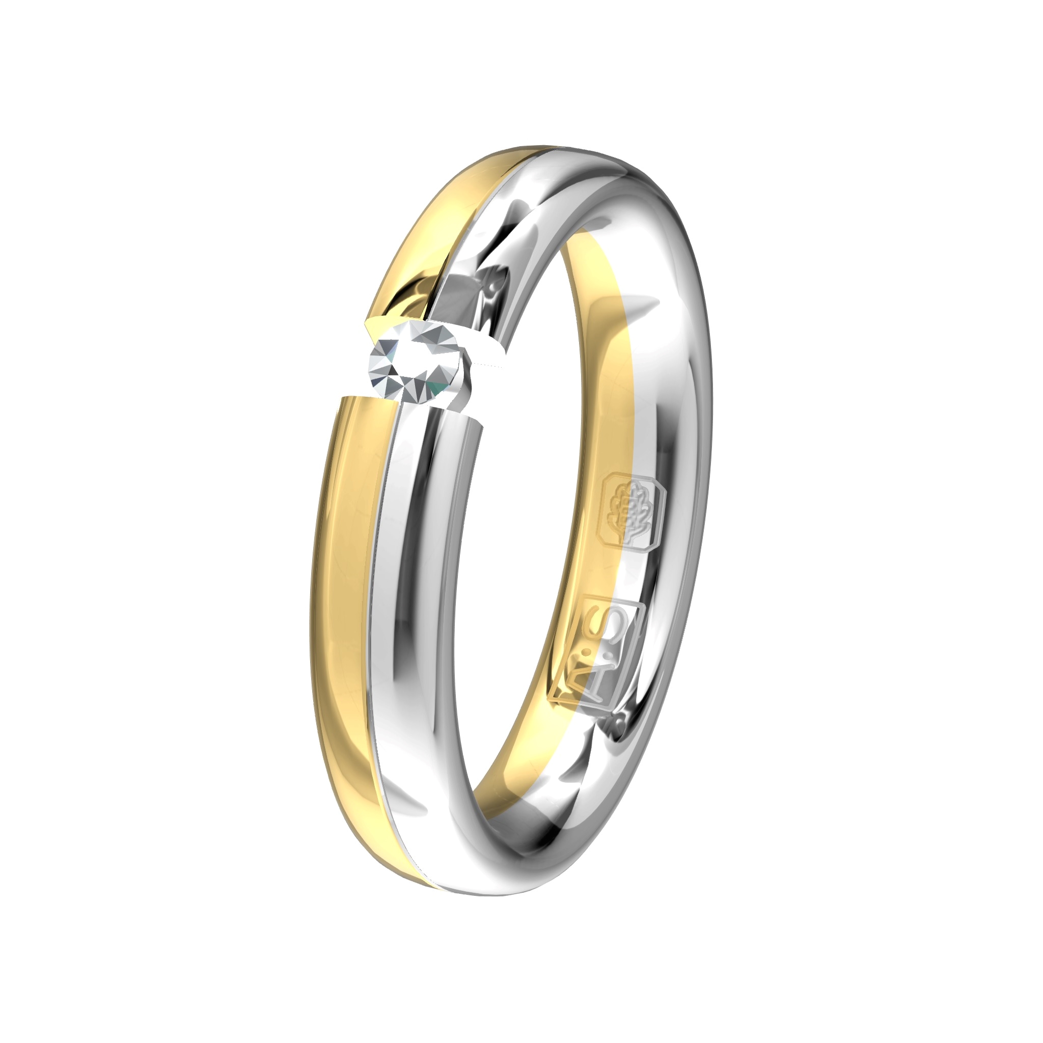 Deze schitterende bicolor ring is door onze diamantzetters voorzien van een briljant die net even anders is gezet en door het onderkastje lijkt te zweven.