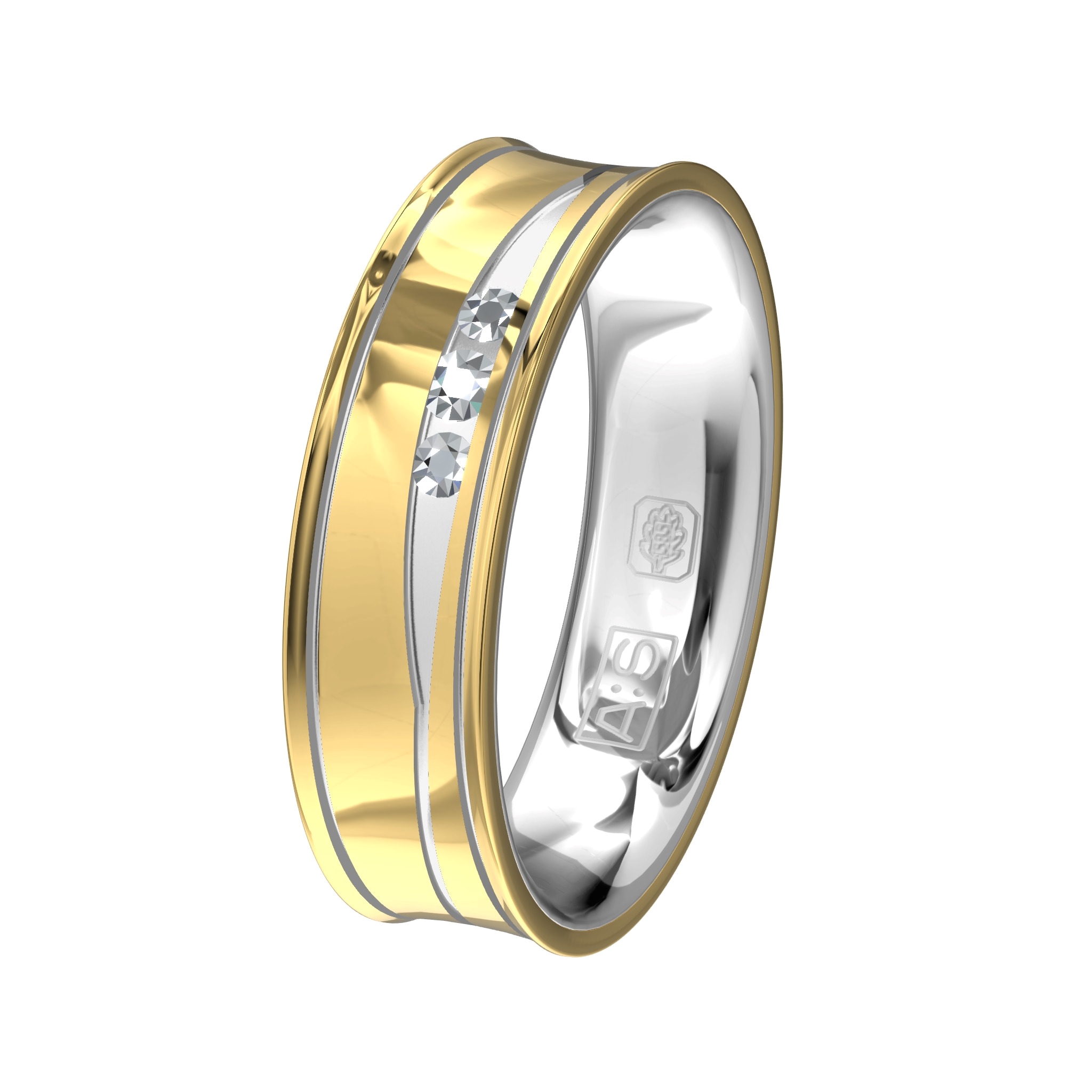 Twee in een: Een binnenring van witgoud met een buitenring van geelgoud. Deze ring is door onze diamantzetters voorzien van drie "zwevende" briljanten.