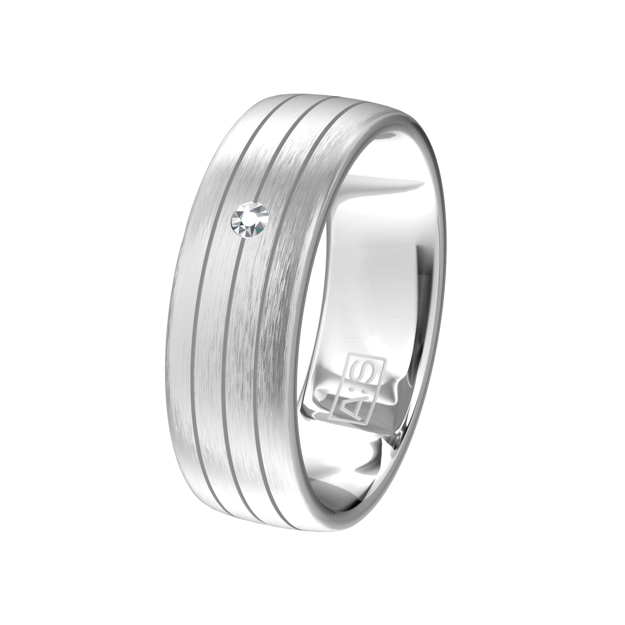 Drie banen in een paar glanzende ringen. De damesring is voorzien van 1 briljant. Deze ringen worden gemaakt in zilver.