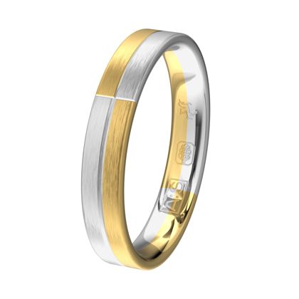 Symmetrie vind je terug in deze ring. Het horizontaal matte Argentium wordt symmetrisch afgewisseld met horizontaal mat geelgoud.