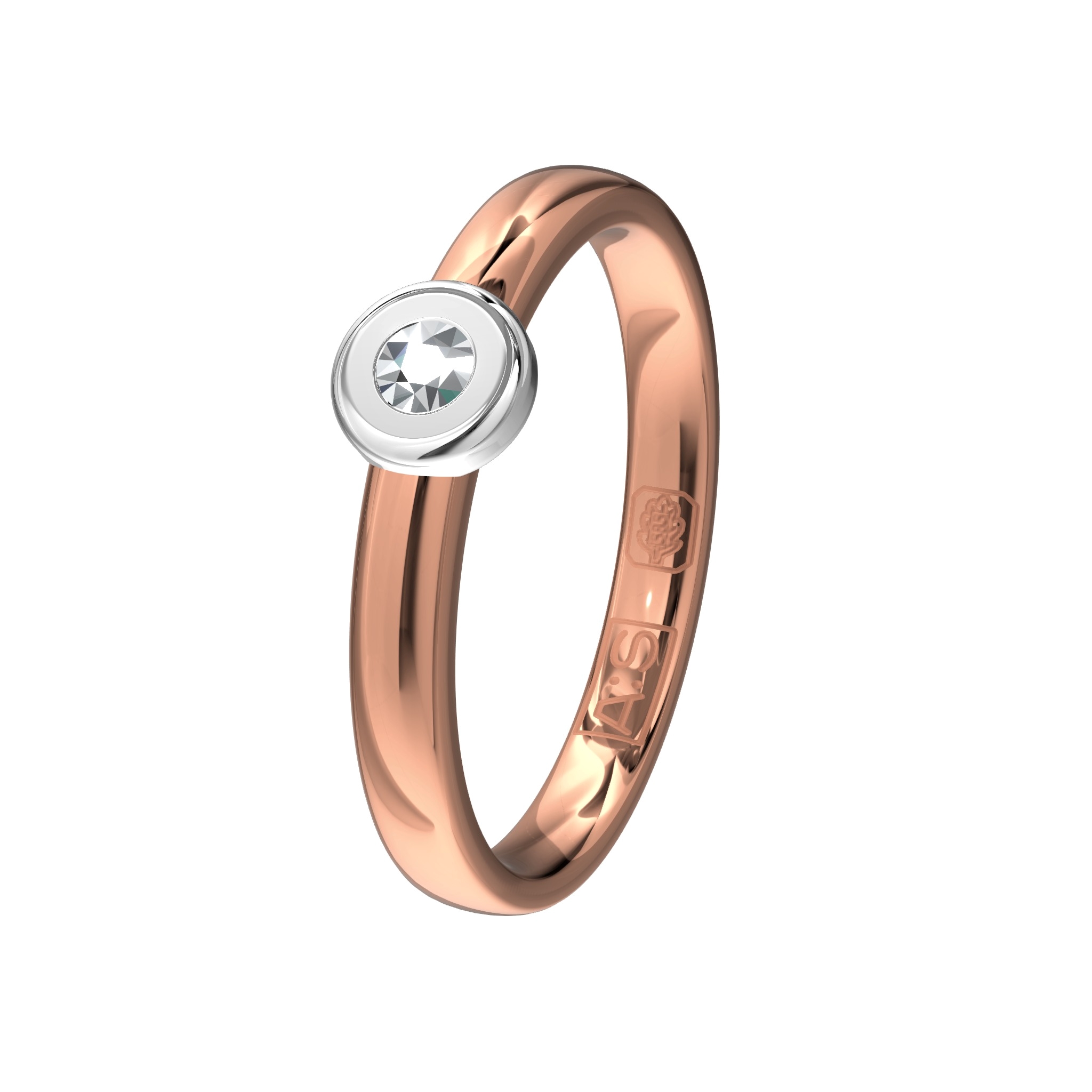 Een schitterende rosegouden solitair ring met witgouden schotelzetting waarin onze diamantzetters een briljant hebben geplaatst van 0,07 ct.