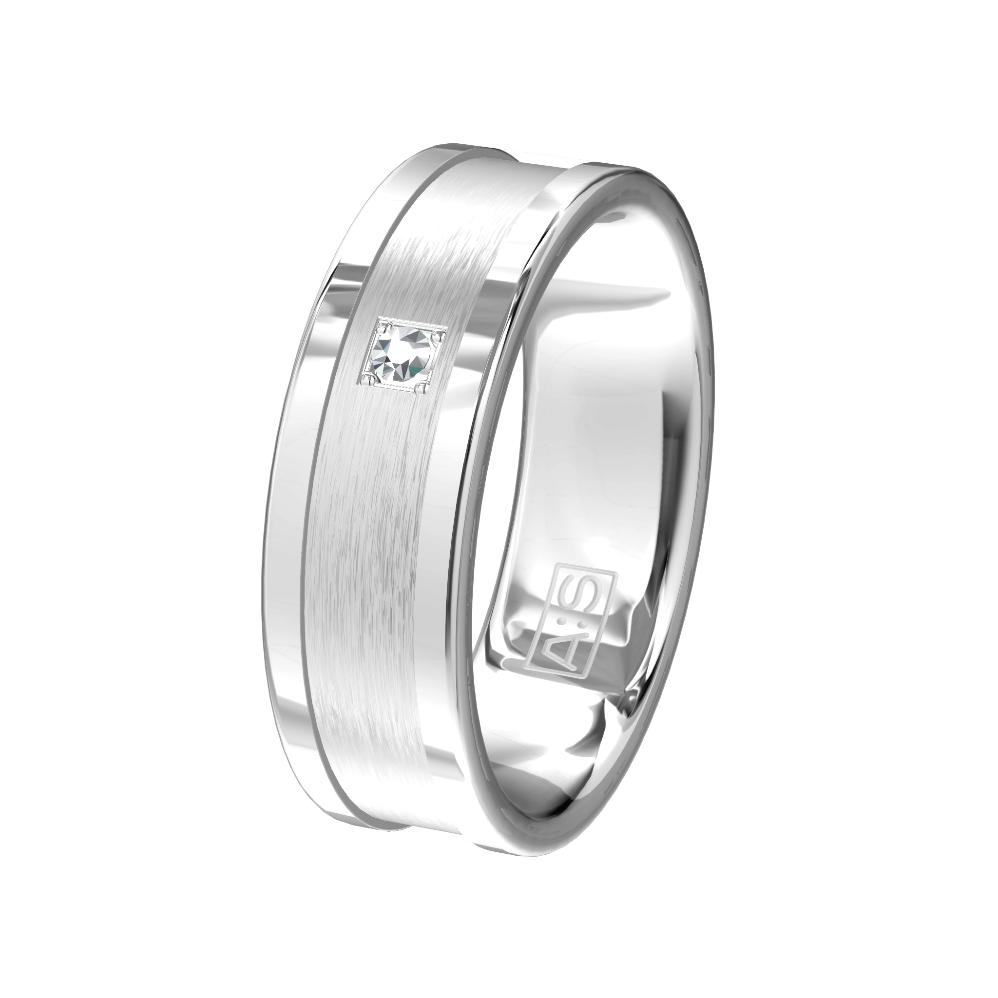 Deze ring heeft prachtige glanzende randjes. In het verlaagde, gematteerde deel hebben onze diamantzetters een briljant gezet.