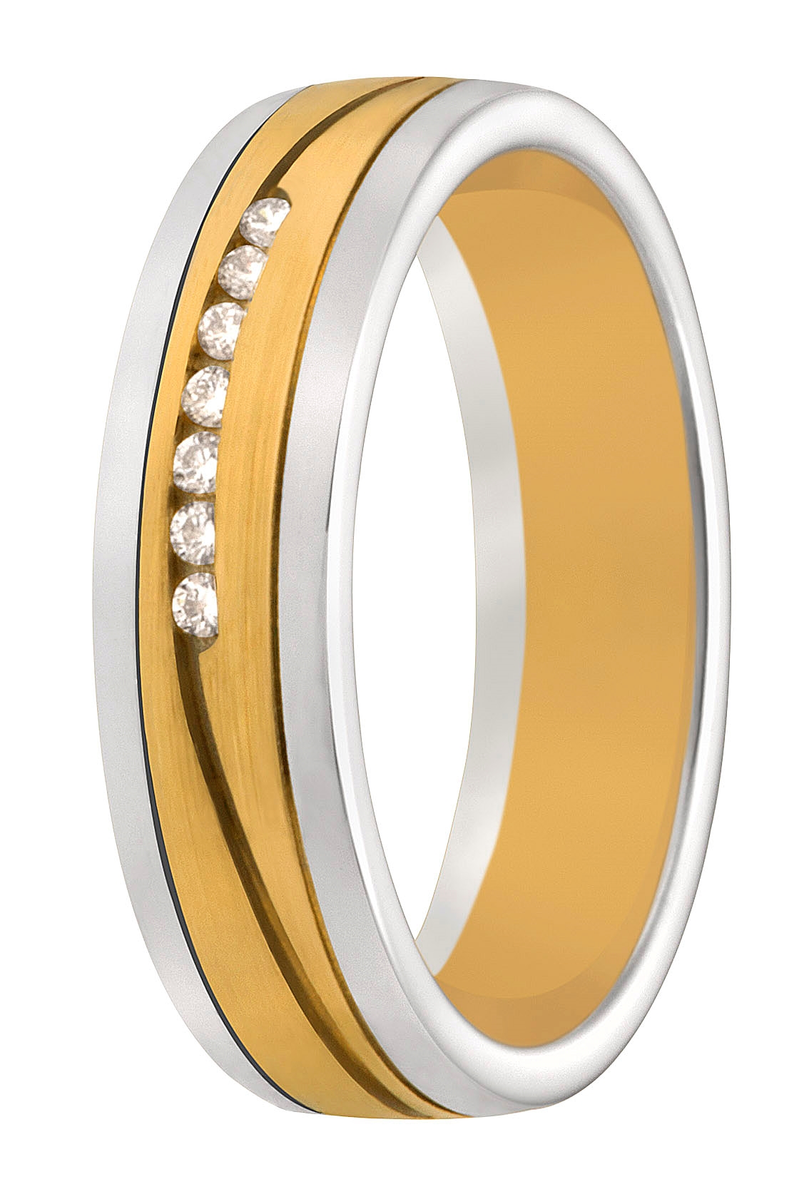 Een prachtige samensmelting van glanzend witgoud met gematteerd geelgoud. Op deze ring stralen maar liefst zeven briljanten!