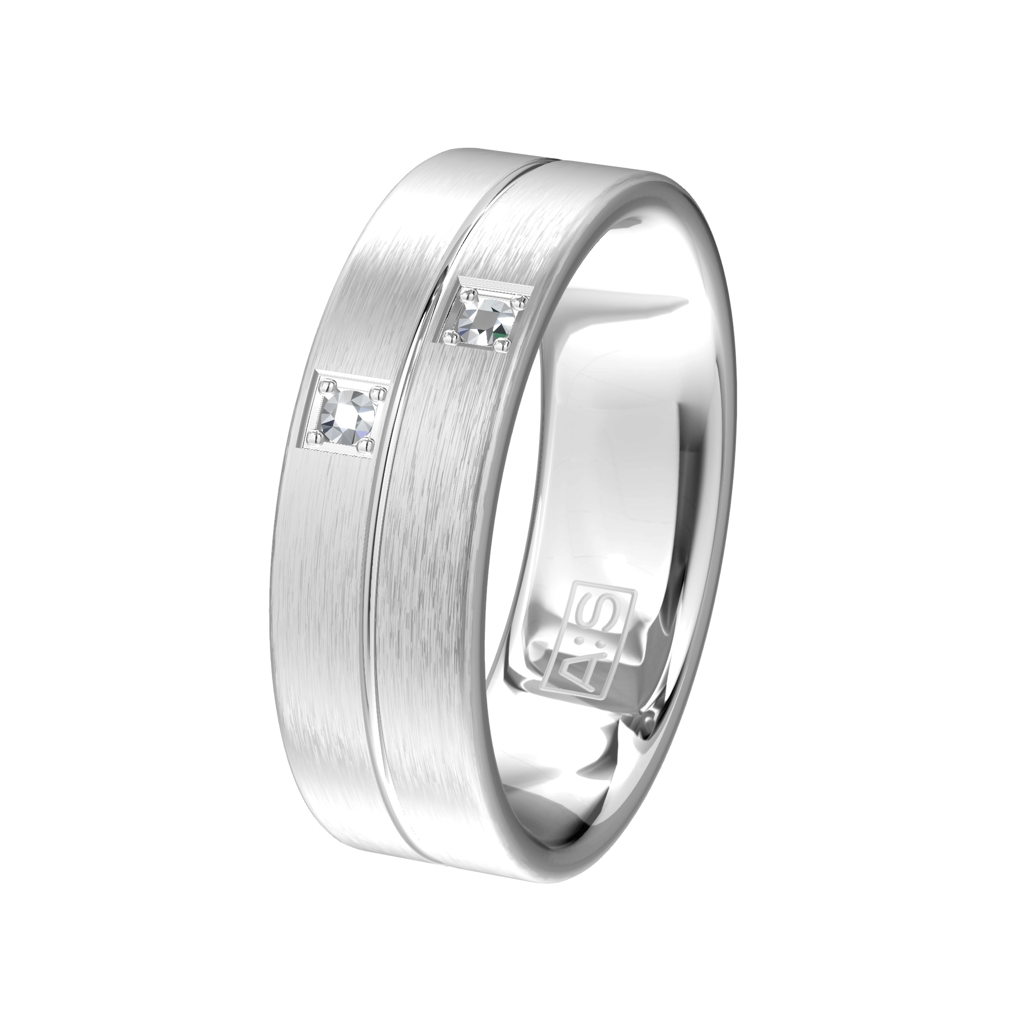 Bijzondere ringen voor eigentijdse mensen. Twee strakke, gematteerde ringen waarbij de damesring uitgevoerd wordt met 2 briljanten. Deze ringen worden gemaakt in zilver.