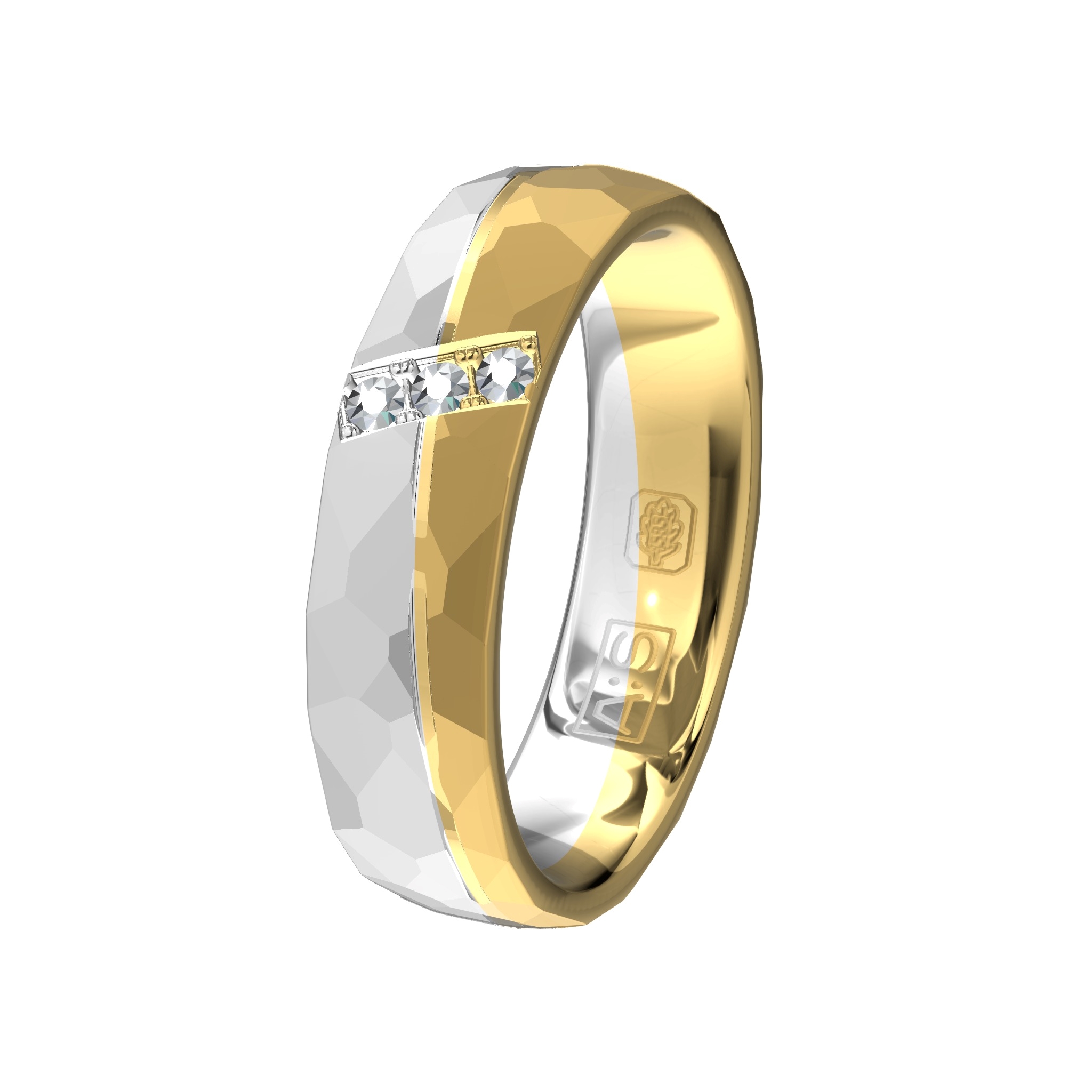 In deze unieke bicolor ring, uitgevoerd met een bijzonder hamerslagmotief, hebben onze diamantzetters drie briljanten gezet.