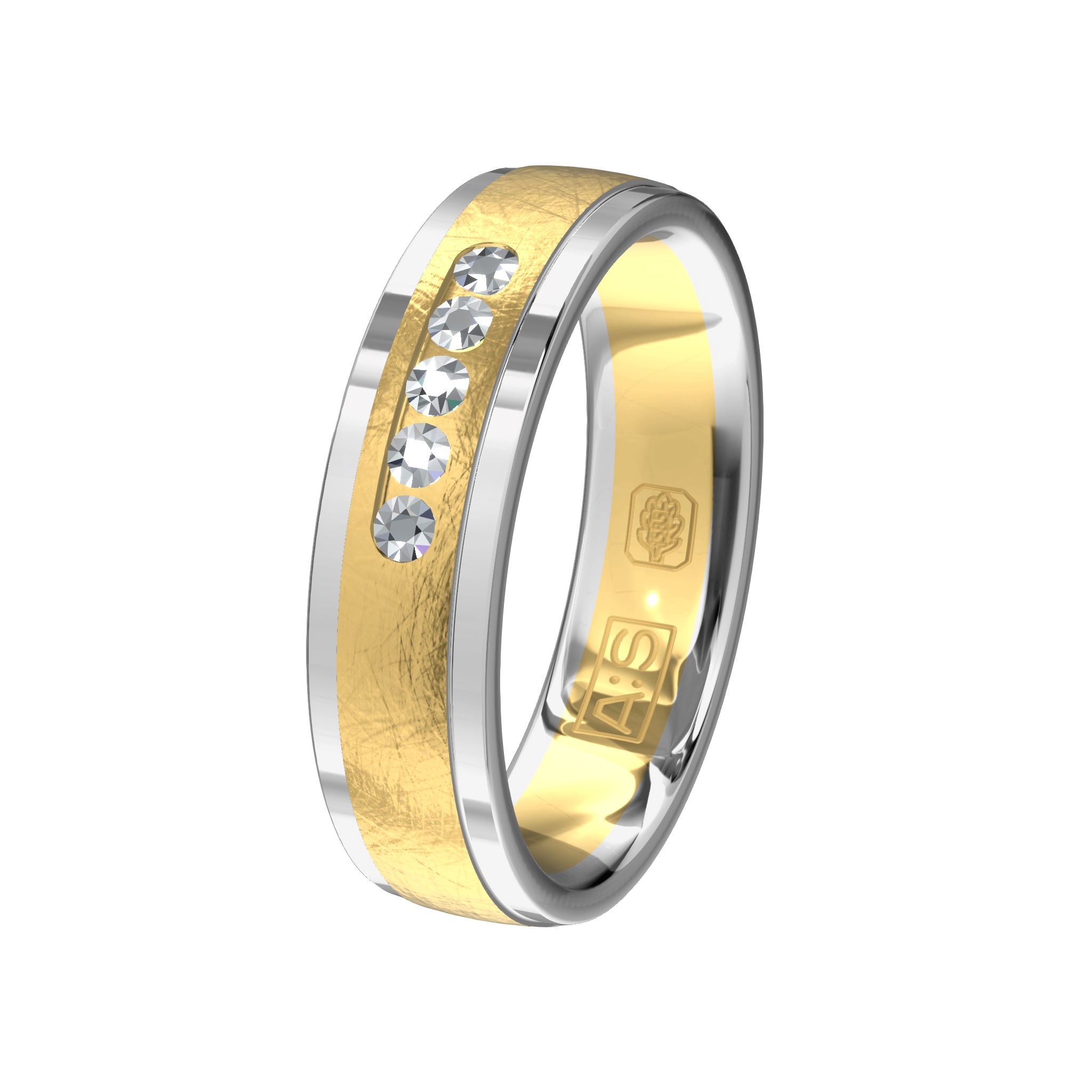 Ambacht is een kunst, dat zie je in deze ring terug. Geelgoud en witgoud met een ijsmat mattering en 5 briljanten in een rail gezet.