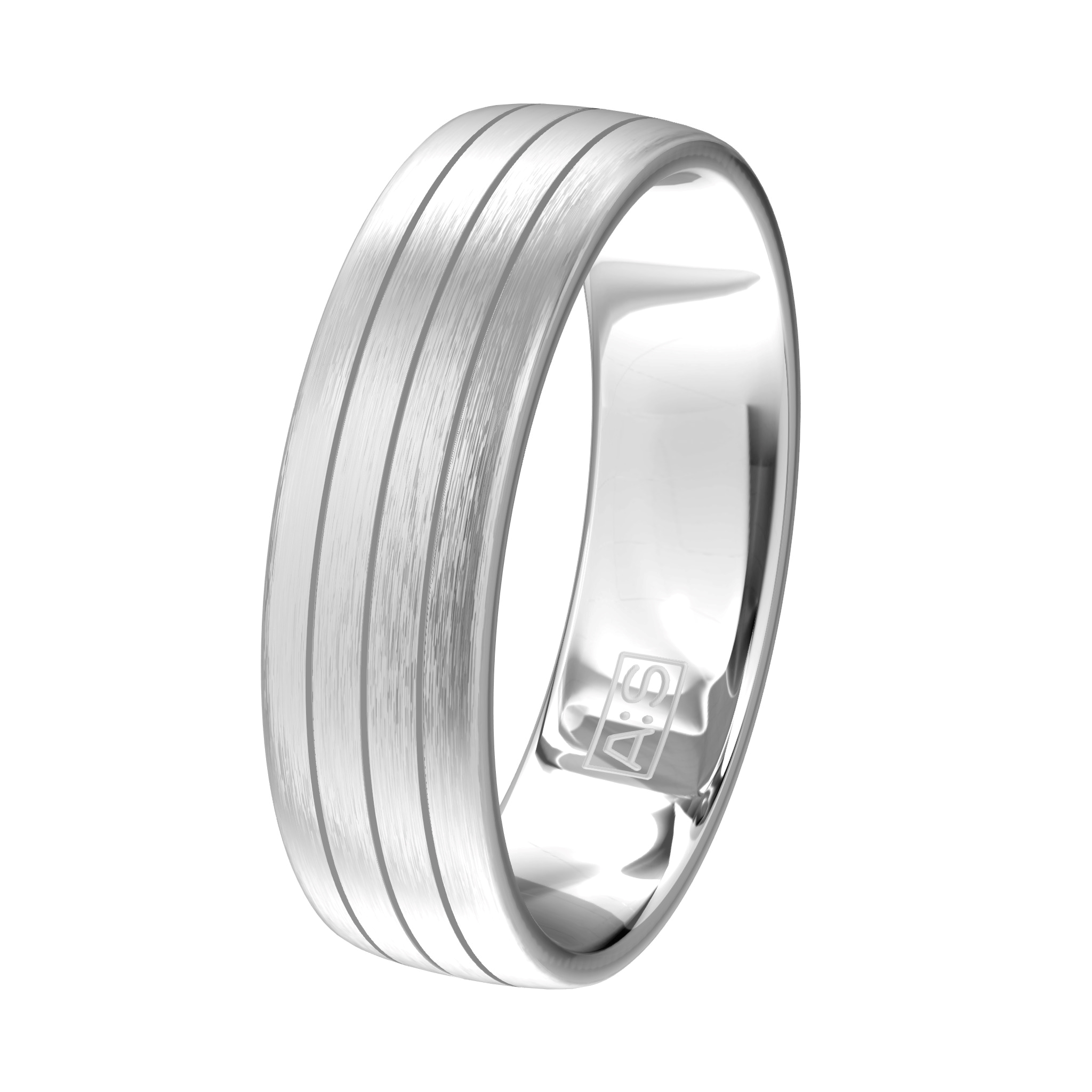 Deze moderne ring is voorzien van drie symmetrische banen welke deze ring een eigentijds karakter geeft.